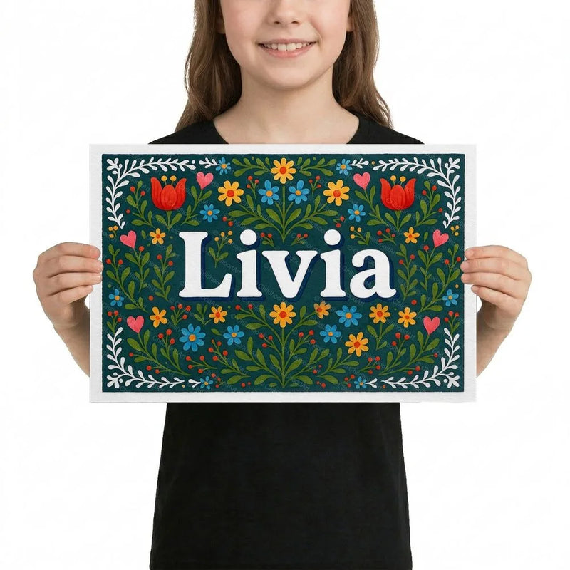 Livia Name Art - Floral Farmhouse personalized wall print for kids