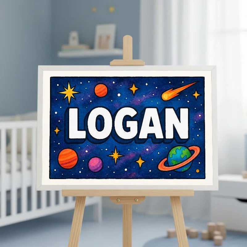 Logan Name Art - Space Explorers personalized wall print for kids