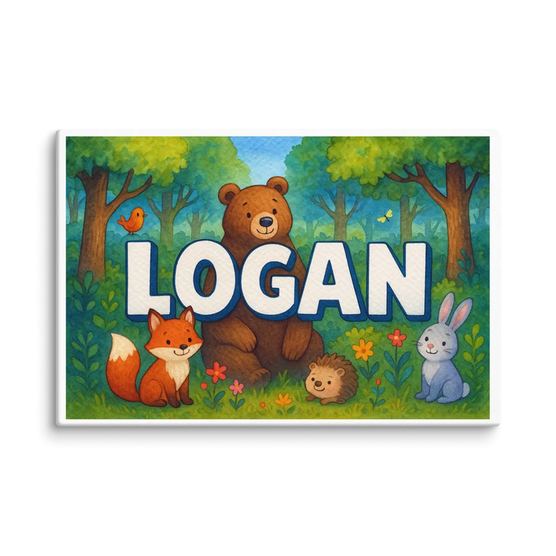Logan Name Art - Forest Friends personalized wall print for kids