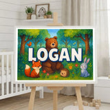 Logan Name Art - Forest Friends personalized wall print for kids