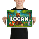 Logan Name Art - Forest Friends personalized wall print for kids