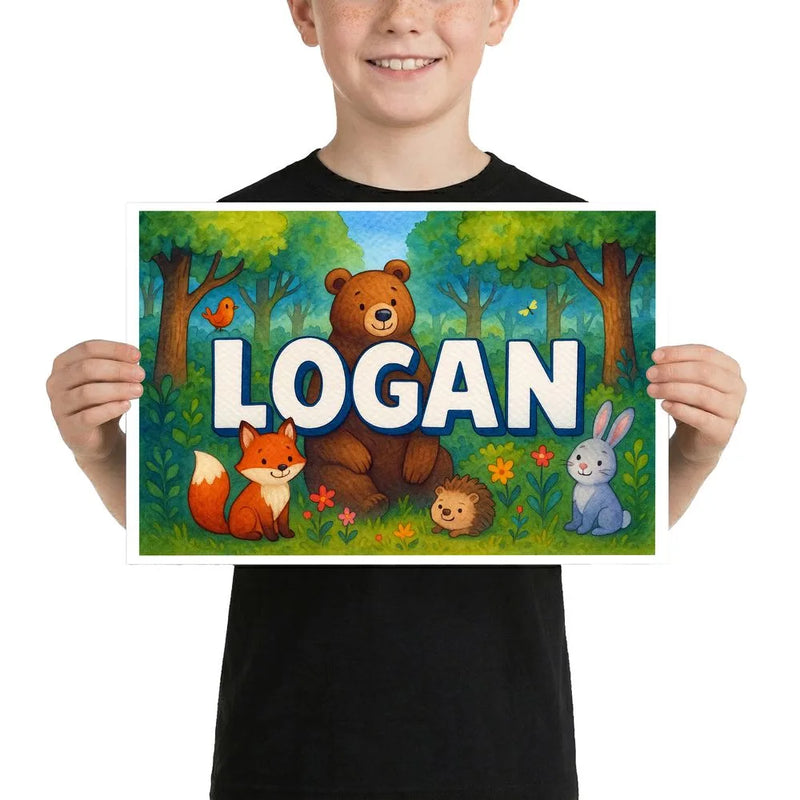 Logan Name Art - Forest Friends personalized wall print for kids