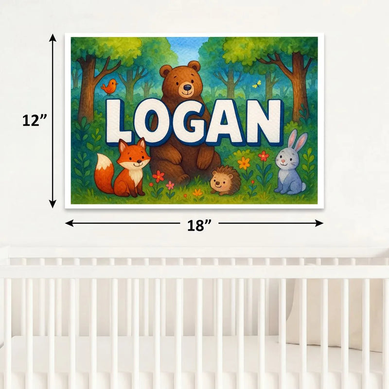 Logan Name Art - Forest Friends personalized wall print for kids