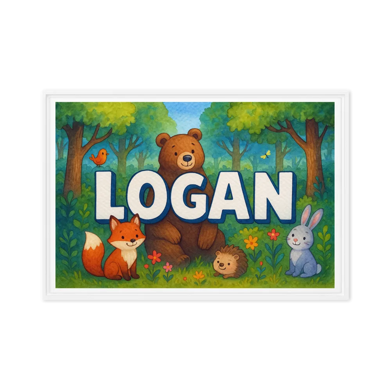 Logan Name Art - Forest Friends personalized wall print for kids