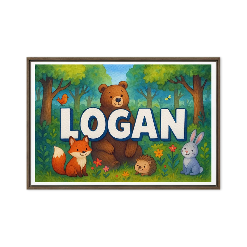 Logan Name Art - Forest Friends personalized wall print for kids