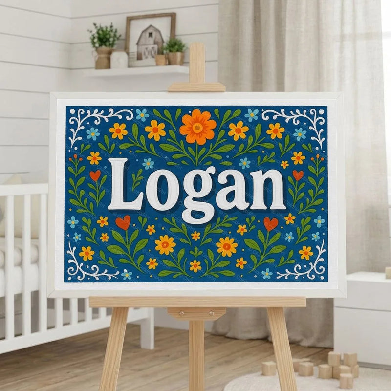 Logan Name Art - Floral Farmhouse personalized wall print for kids