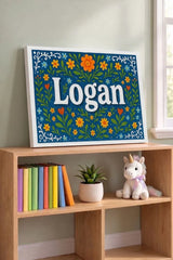 Logan Name Art - Floral Farmhouse personalized wall print for kids