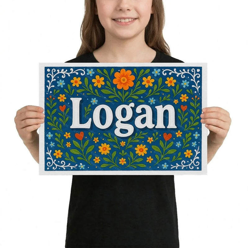Logan Name Art - Floral Farmhouse personalized wall print for kids