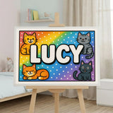 Lucy Name Art - Colorful Cats personalized wall print for kids
