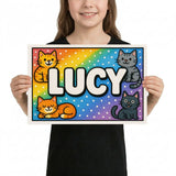 Lucy Name Art - Colorful Cats personalized wall print for kids