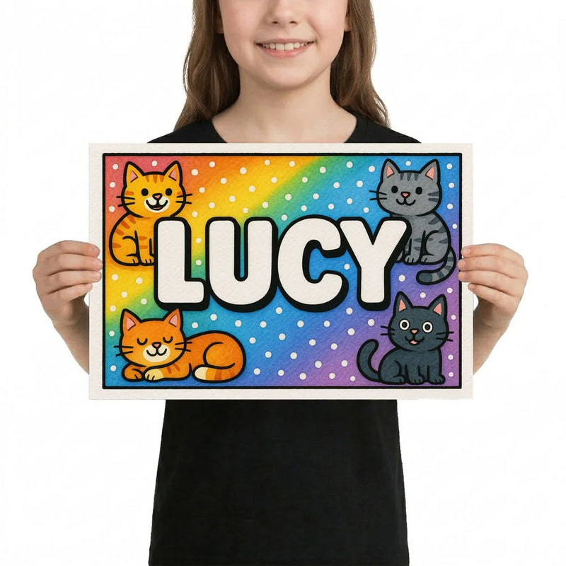 Lucy Name Art - Colorful Cats personalized wall print for kids