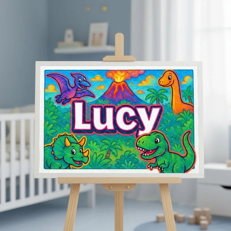 Lucy Name Art - Dinosaur Adventure personalized wall print for kids
