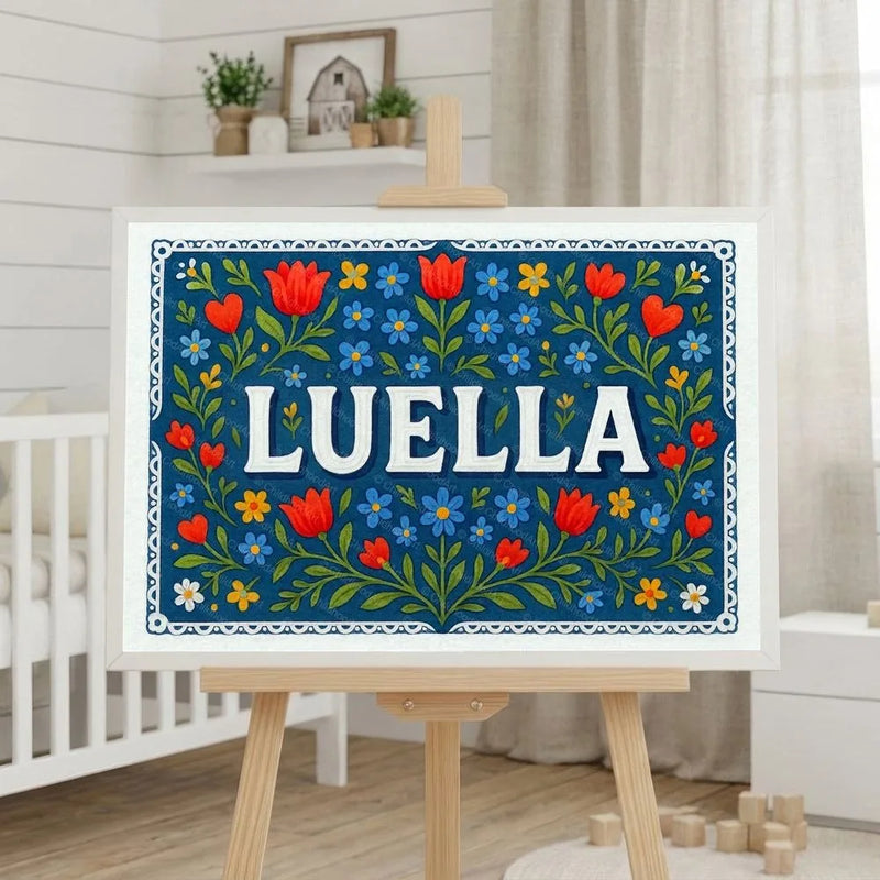 Luella Name Art - Floral Farmhouse personalized wall print for kids