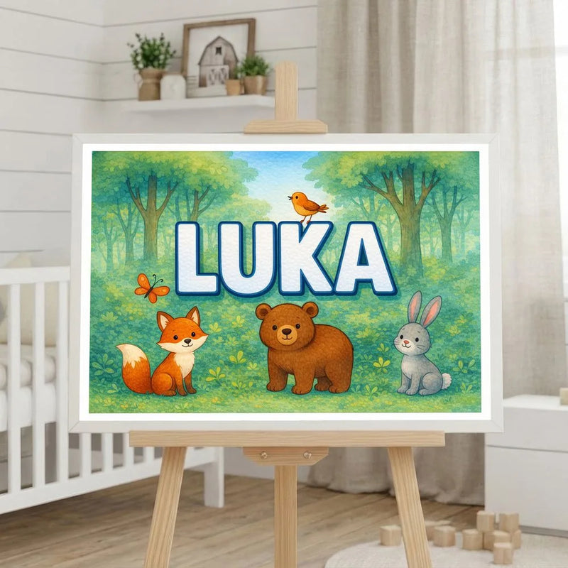 Luka Name Art - Forest Friends personalized wall print for kids