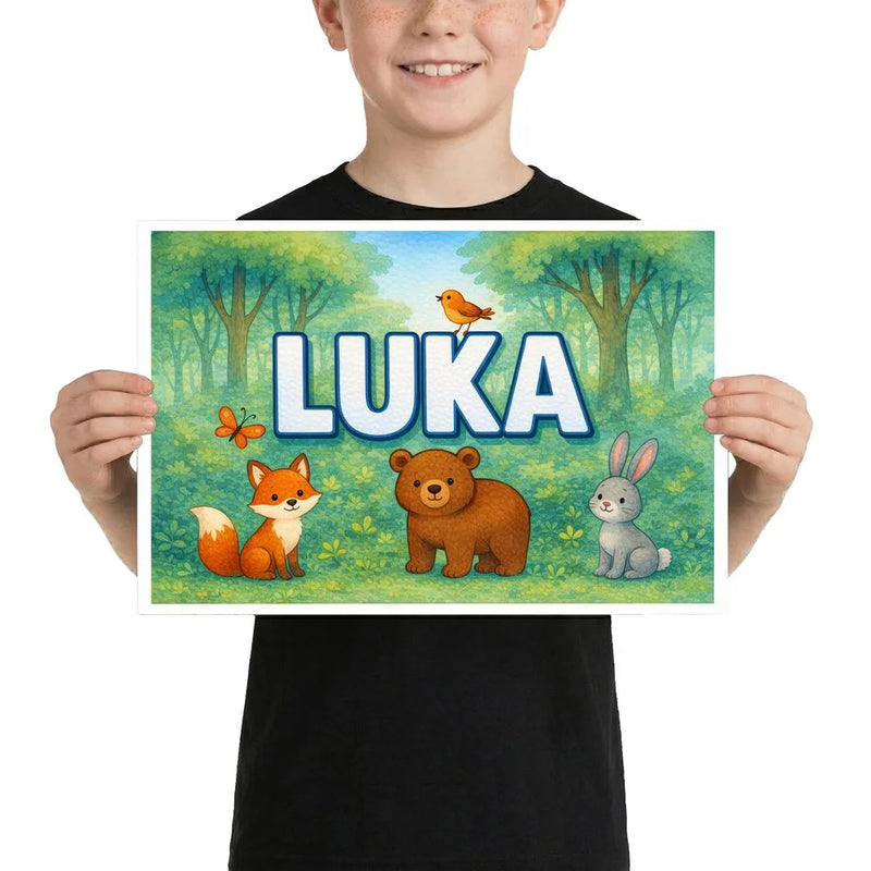 Luka Name Art - Forest Friends personalized wall print for kids