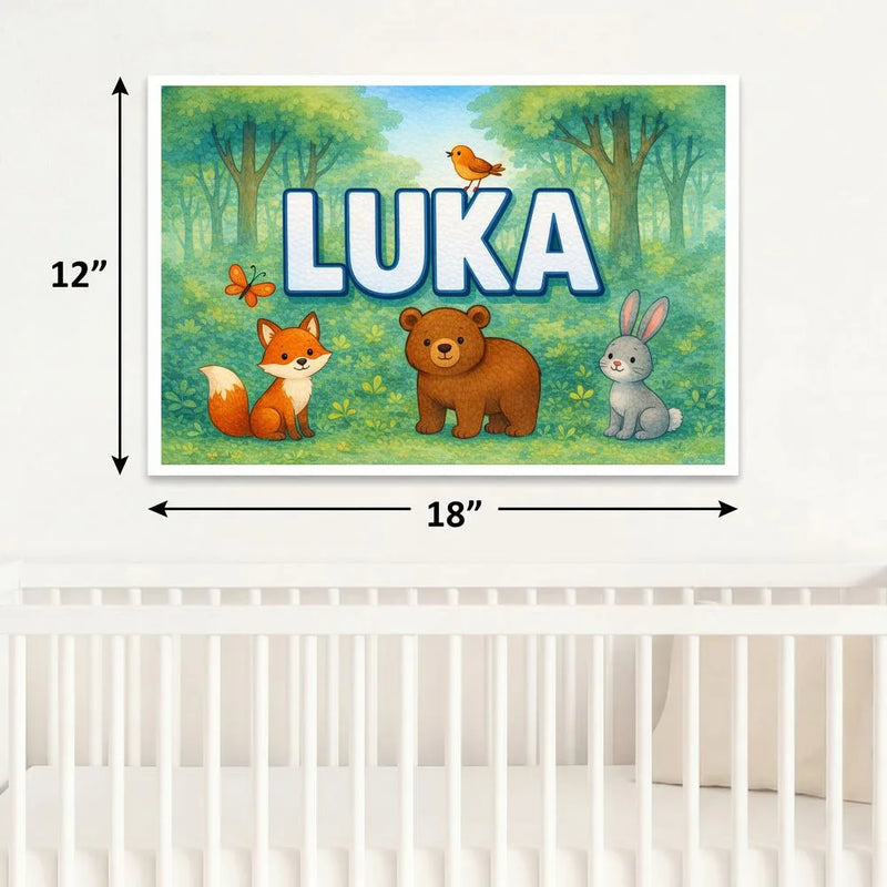 Luka Name Art - Forest Friends personalized wall print for kids