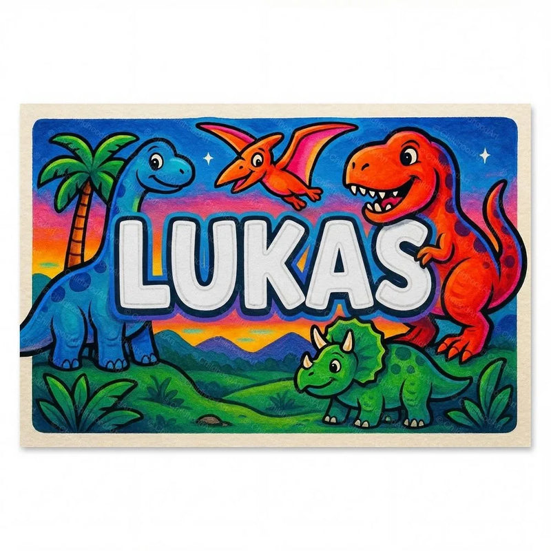 Lukas Name Art - Dinosaur Adventure personalized wall print for kids