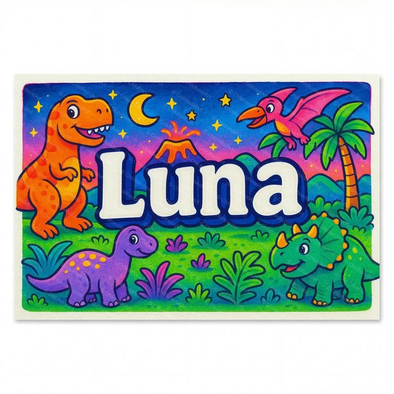 Luna Name Art - Dinosaur Adventure personalized wall print for kids