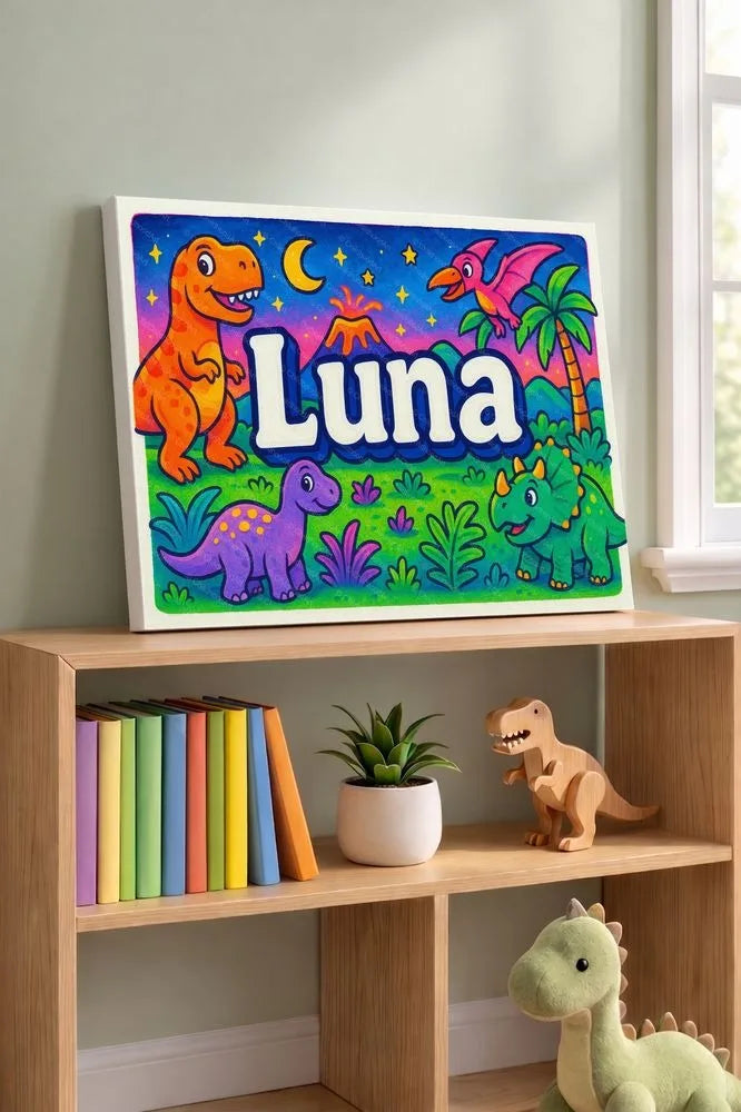 Luna Name Art - Dinosaur Adventure personalized wall print for kids