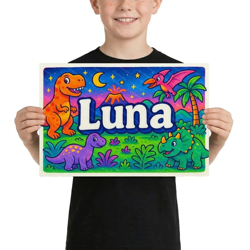 Luna Name Art - Dinosaur Adventure personalized wall print for kids