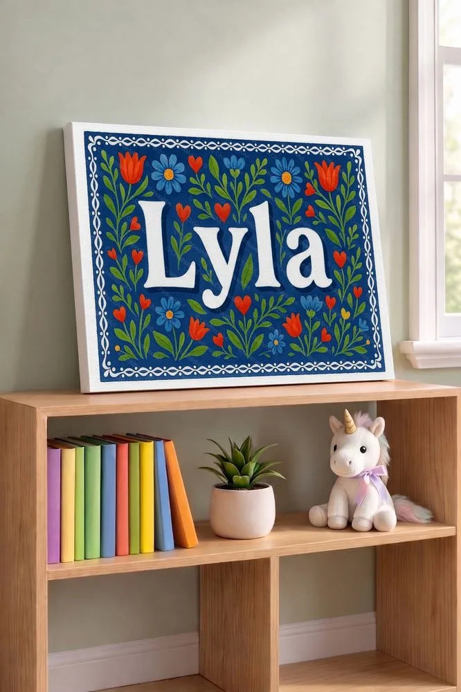 Lyla Name Art - Floral Farmhouse personalized wall print for kids