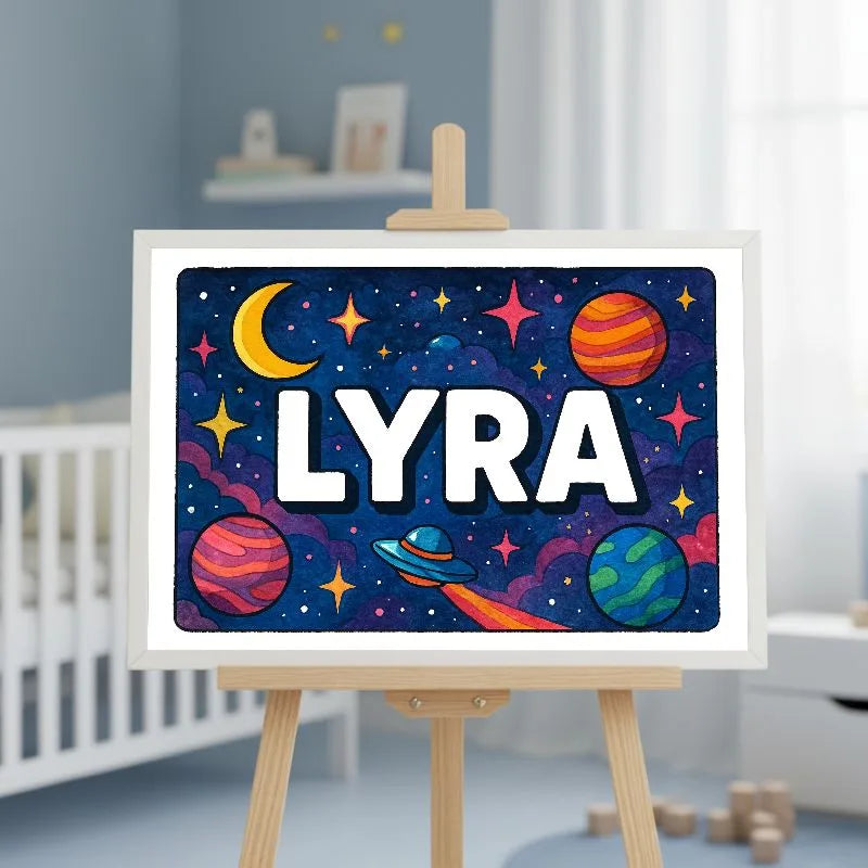 Lyra Name Art - Space Explorers personalized wall print for kids