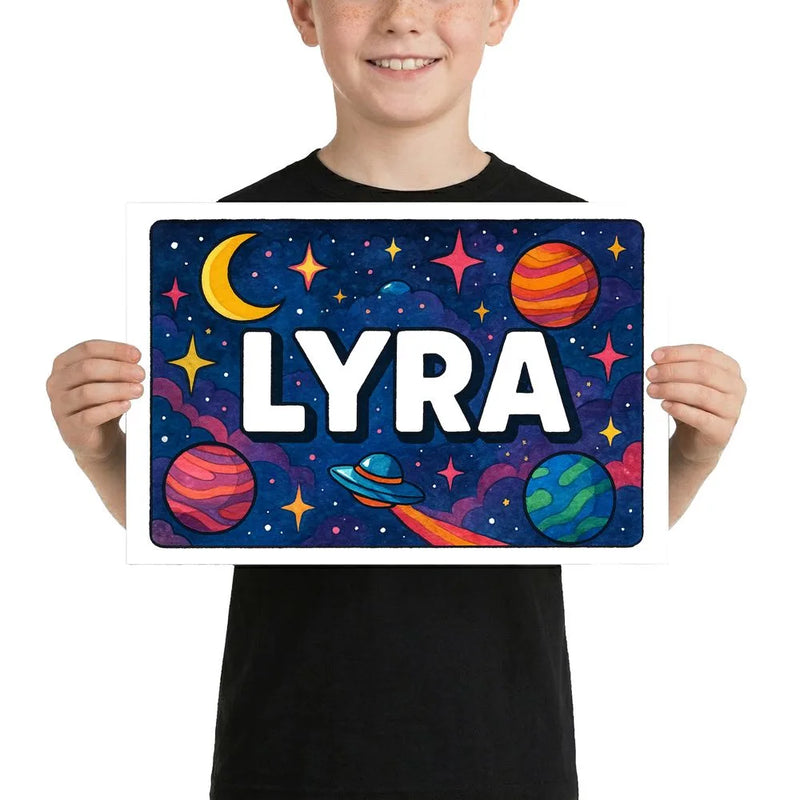 Lyra Name Art - Space Explorers personalized wall print for kids