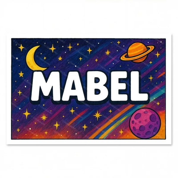 Space explorers themed name art featuring Mabel