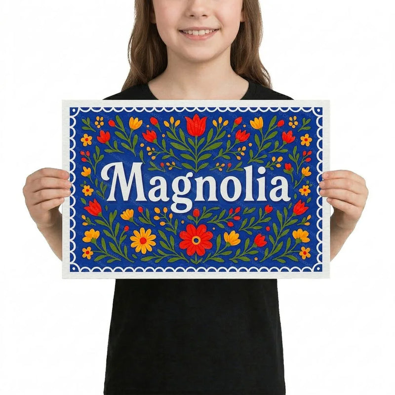 Magnolia Name Art - Floral Farmhouse personalized wall print for kids