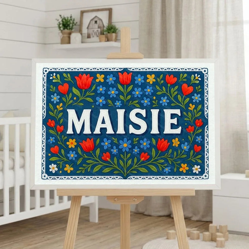 Maisie Name Art - Floral Farmhouse personalized wall print for kids