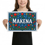 Makena Name Art - Floral Farmhouse personalized wall print for kids