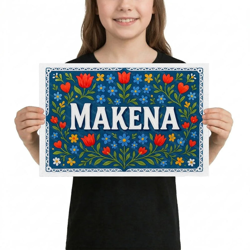 Makena Name Art - Floral Farmhouse personalized wall print for kids