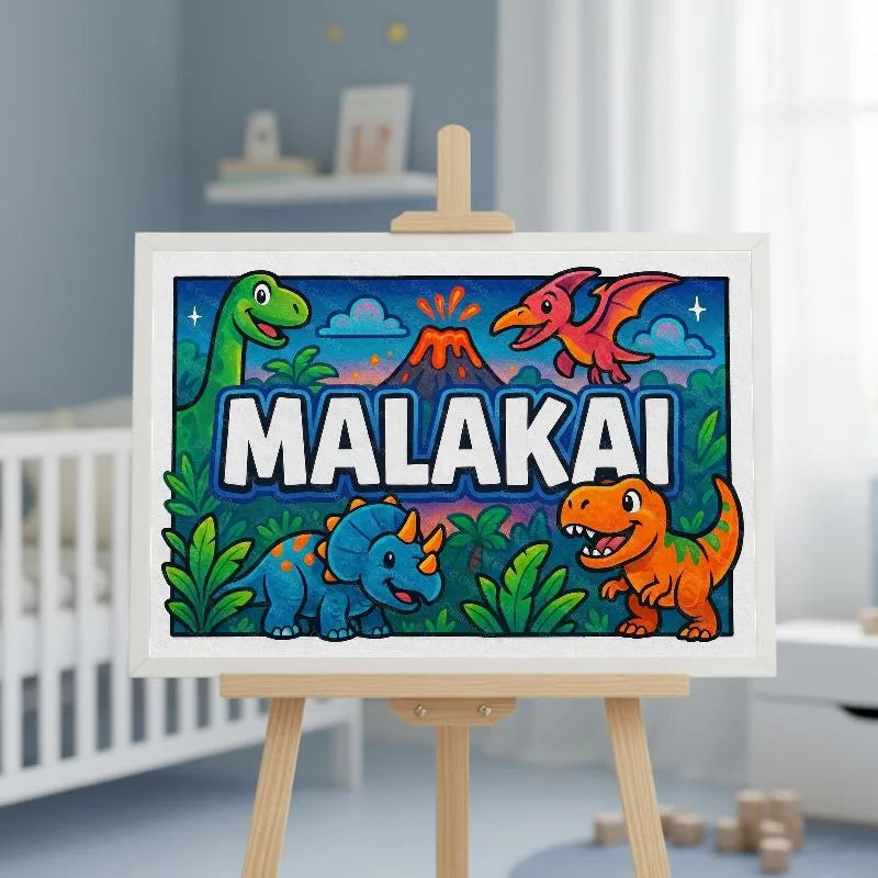 Malakai Name Art - Dinosaur Adventure personalized wall print for kids