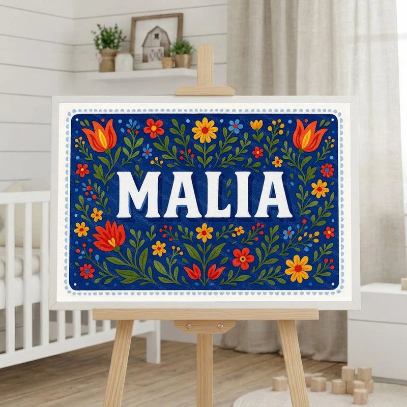 Malia Name Art - Floral Farmhouse personalized wall print for kids