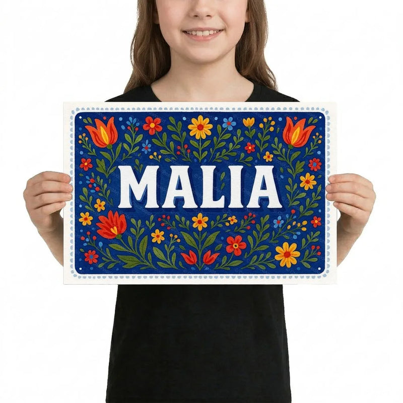 Malia Name Art - Floral Farmhouse personalized wall print for kids