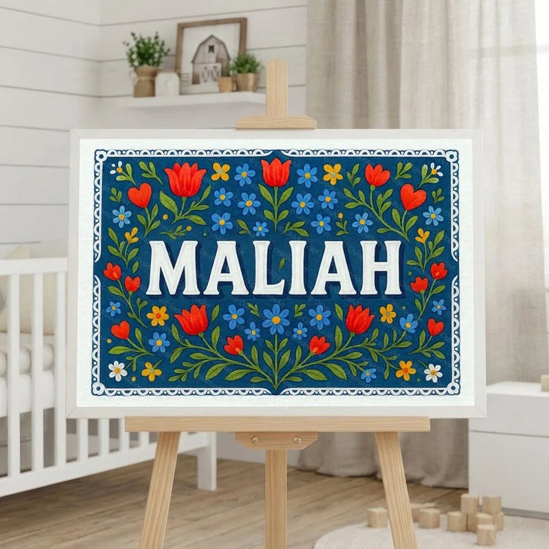 Maliah Name Art - Floral Farmhouse personalized wall print for kids