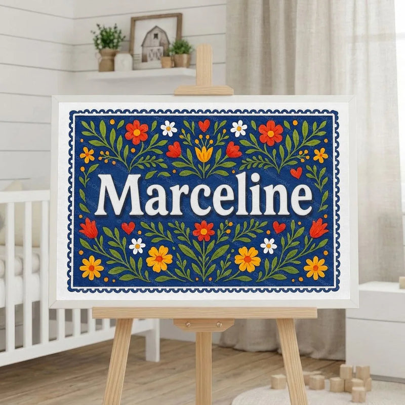 Marceline Name Art - Floral Farmhouse personalized wall print for kids