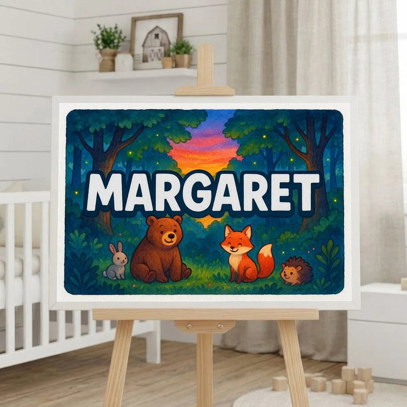 Margaret Name Art - Forest Friends personalized wall print for kids