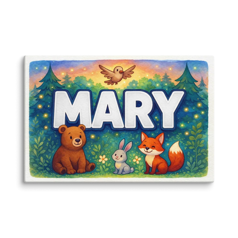 Mary Name Art - Forest Friends personalized wall print for kids