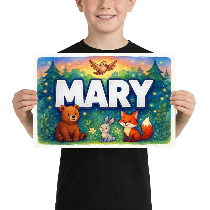 Mary Name Art - Forest Friends personalized wall print for kids