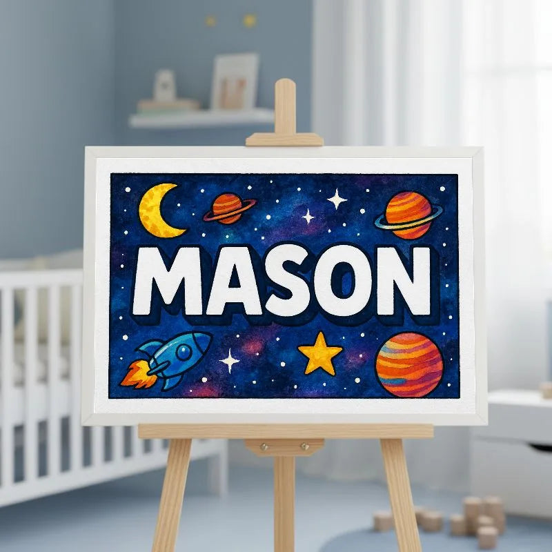 Mason Name Art - Space Explorers personalized wall print for kids