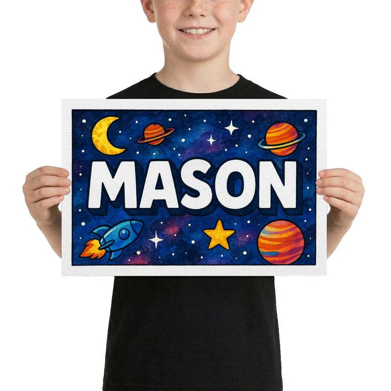 Mason Name Art - Space Explorers personalized wall print for kids
