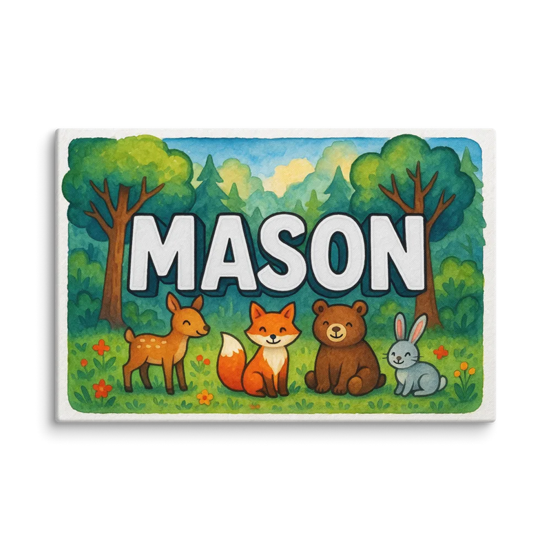 Mason Name Art - Forest Friends personalized wall print for kids
