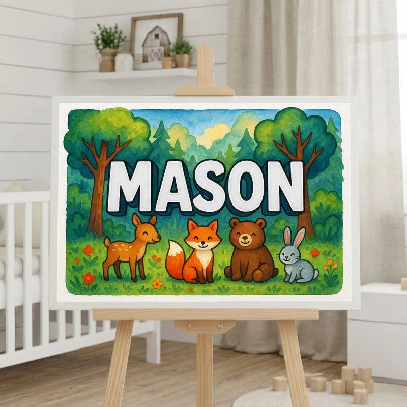 Mason Name Art - Forest Friends personalized wall print for kids