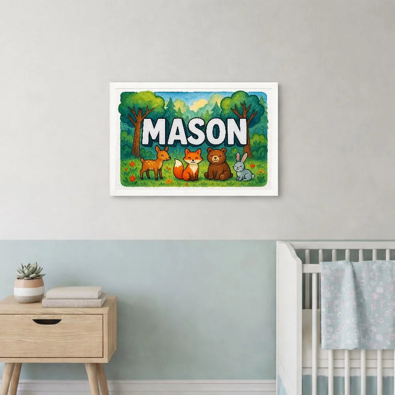 Mason Name Art - Forest Friends personalized wall print for kids
