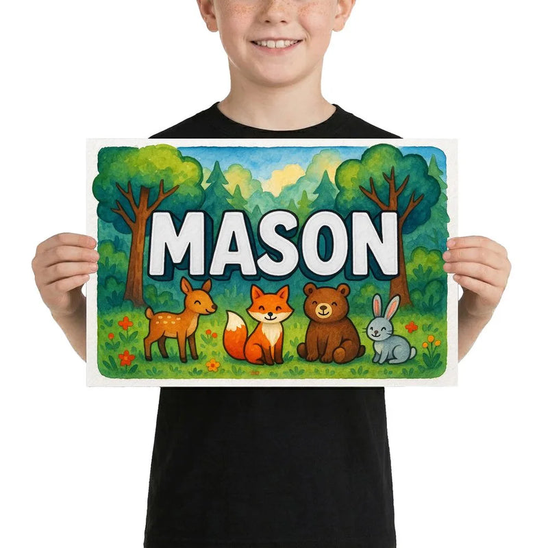 Mason Name Art - Forest Friends personalized wall print for kids