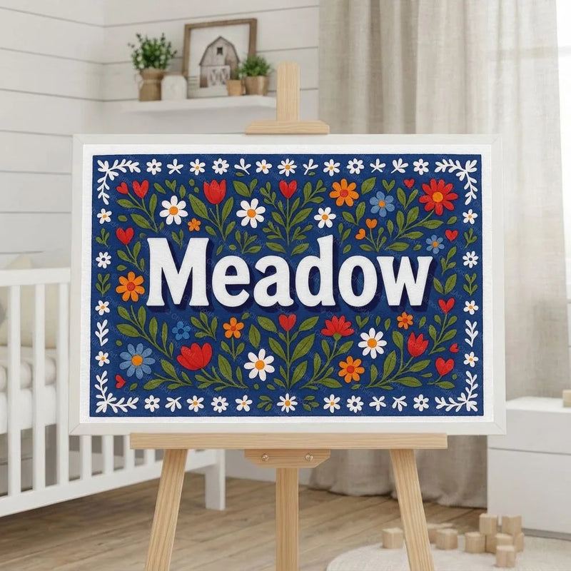 Meadow Name Art - Floral Farmhouse personalized wall print for kids
