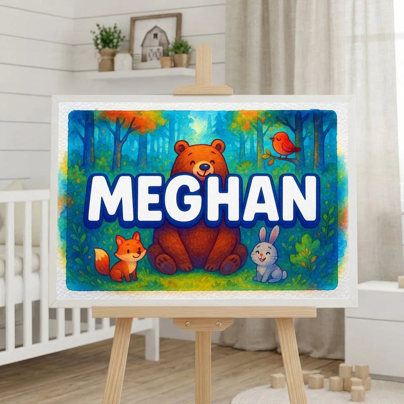 Meghan Name Art - Forest Friends personalized wall print for kids