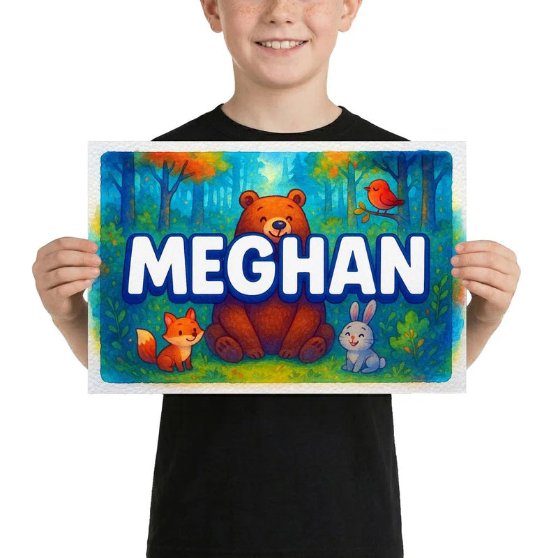 Meghan Name Art - Forest Friends personalized wall print for kids
