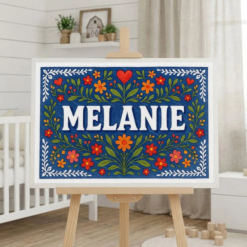 Melanie Name Art - Floral Farmhouse personalized wall print for kids
